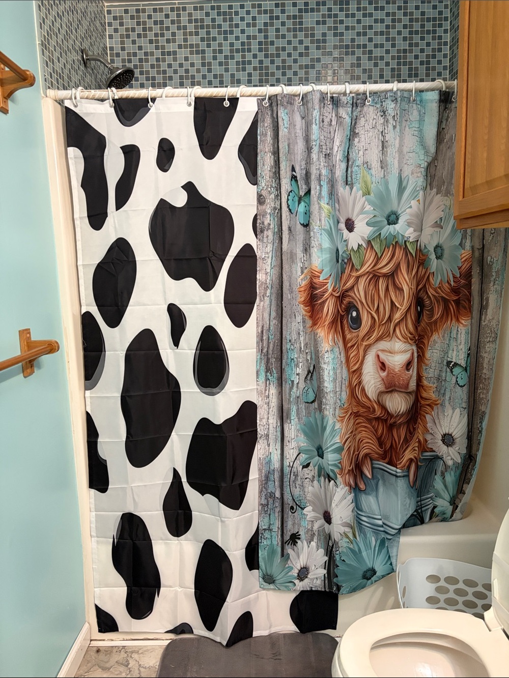 Cow Print & Floral Calf Shower Curtain Set